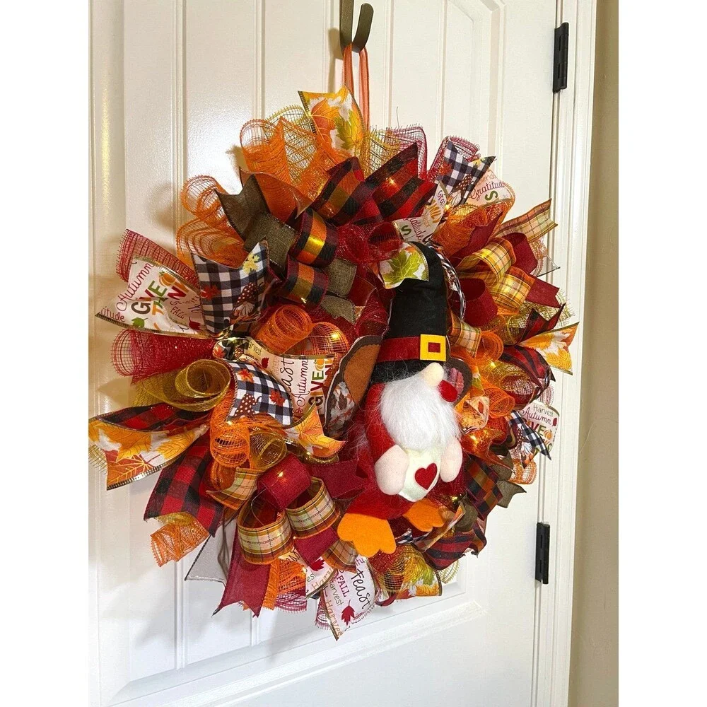 Handmade Thanksgiving Turkey Gnome Ribbon Welcome Door Wreath Leaf 22 in LED